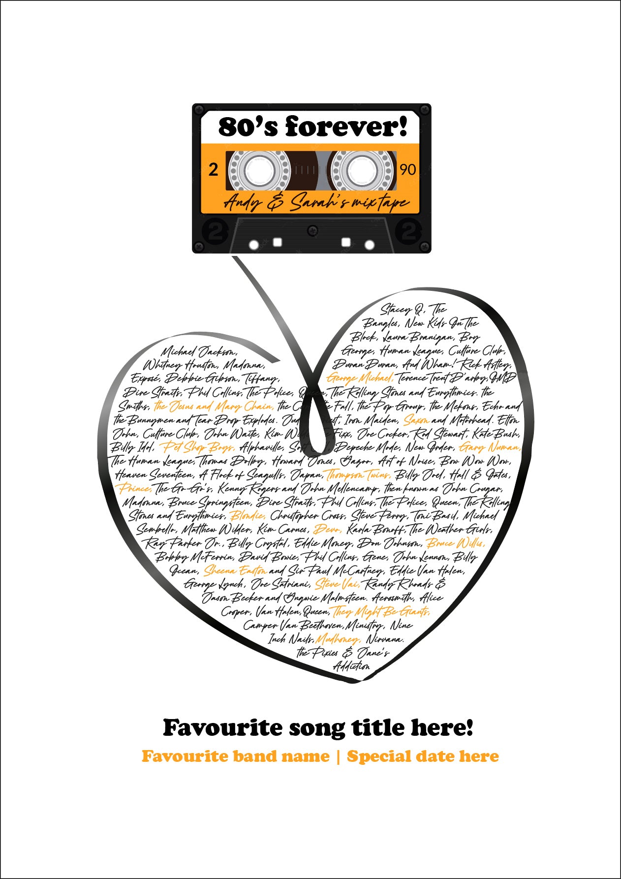 Customisable retro 80's A3 mix tape poster / home / decorative / gift