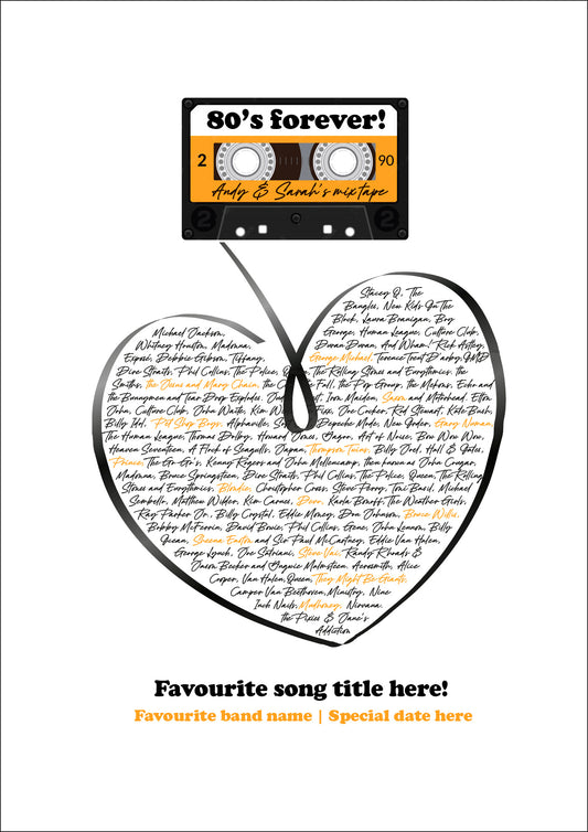 Customisable retro 80's A3 mix tape poster / home / decorative / gift