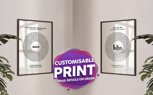 Customisable Vinyl Song Lyrics A3 Print. Music / gift / decoration