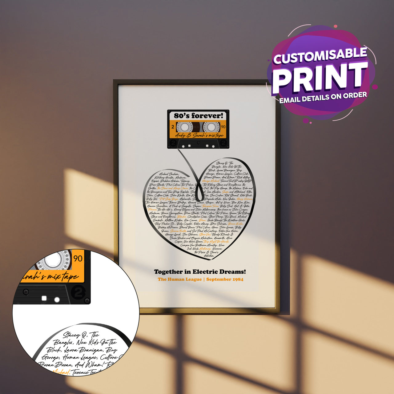 Customisable retro 80's A3 mix tape poster / home / decorative / gift